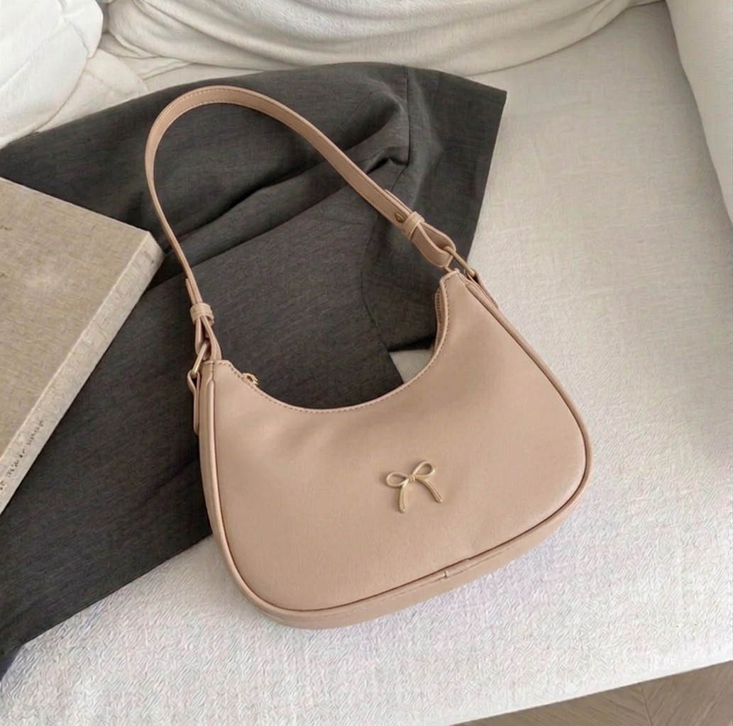 Women's Luxury Crescent Underarm Shoulder Bag  Cute Bow Leather Half Moon Purse & Handbag for Girls