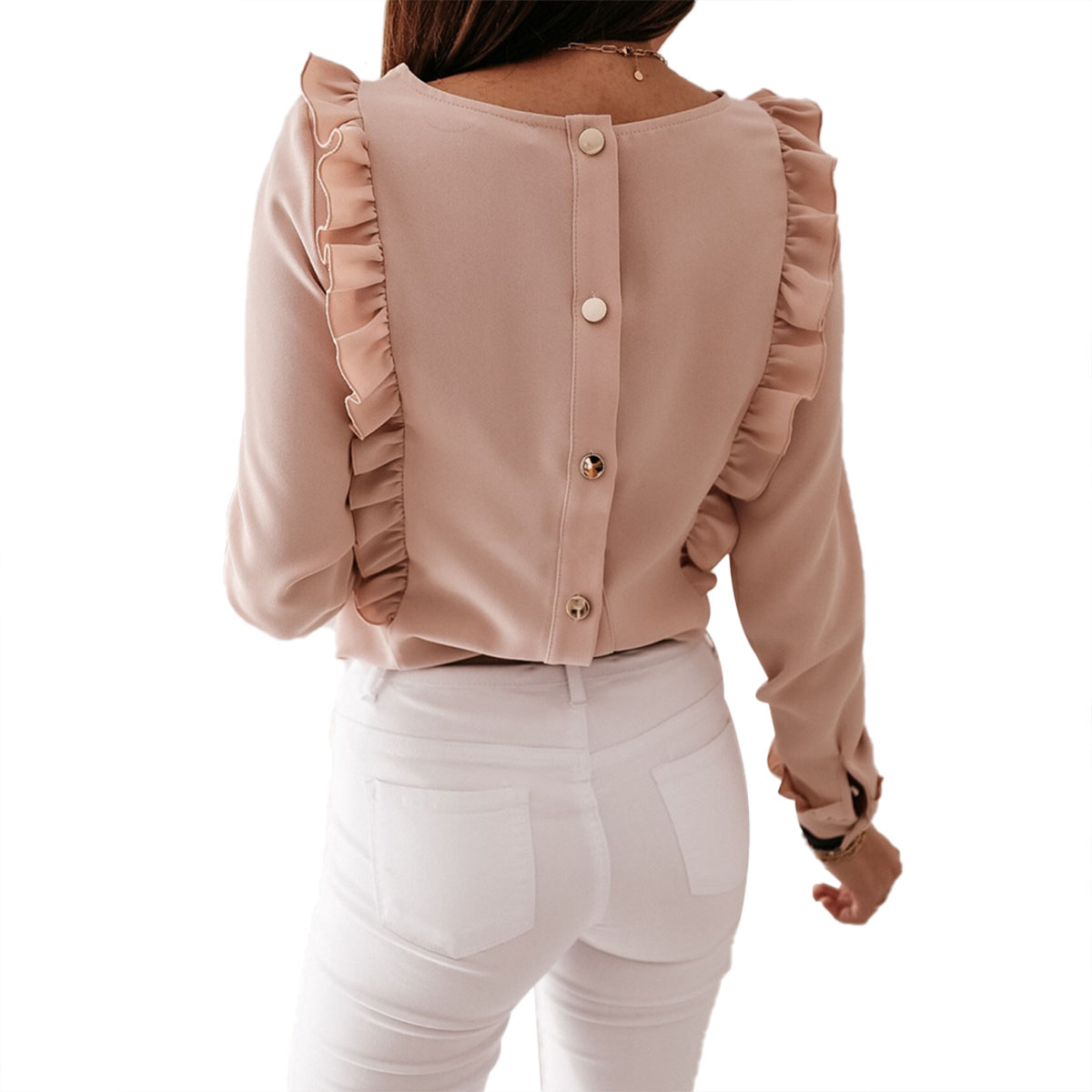 Famulily Womens Long Sleeve Tops Dressy Casual Round Neck Ruffle Shirt  Solid Color Pullover Tunic Tops Soft Beige S : : Clothing, Shoes &  Accessories