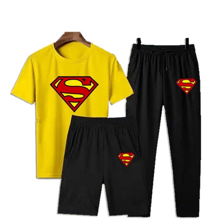 Pack of 3 drew house Printed Gym Jogging Tracksuit Round Neck O-Neck Cotton T-Shirt + Short + Trouser Summer Collection Track Suit