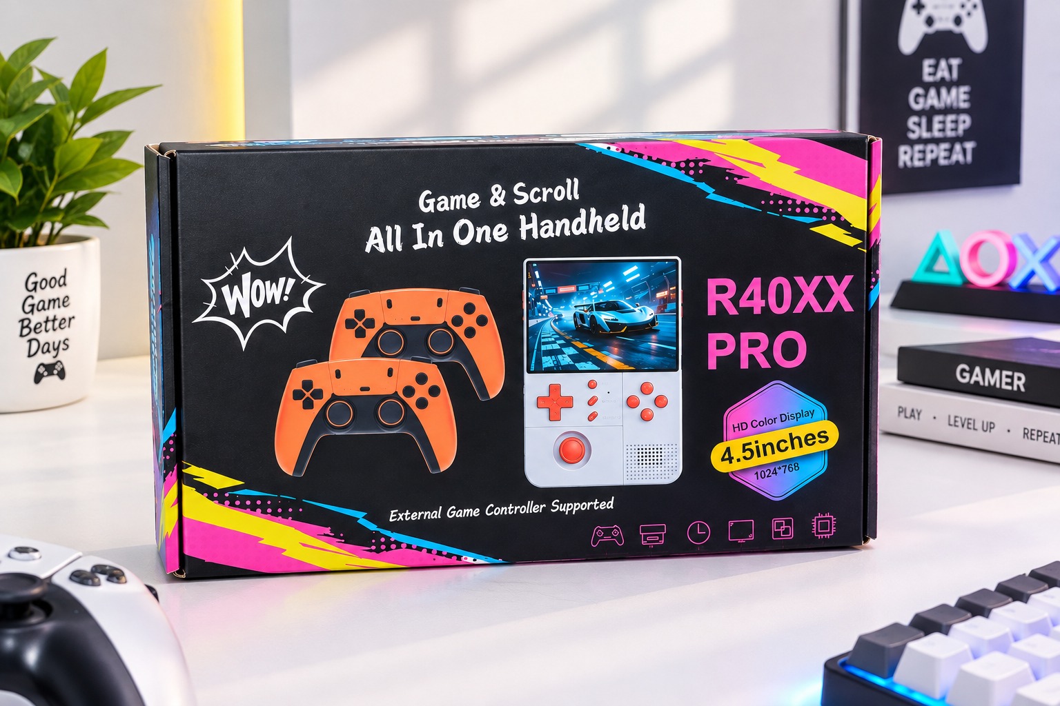 R40XX Retro Handheld Game Console 4.2” IPS Screen, Built-in WiFi, 18,400+ Games & External Game Controller Support