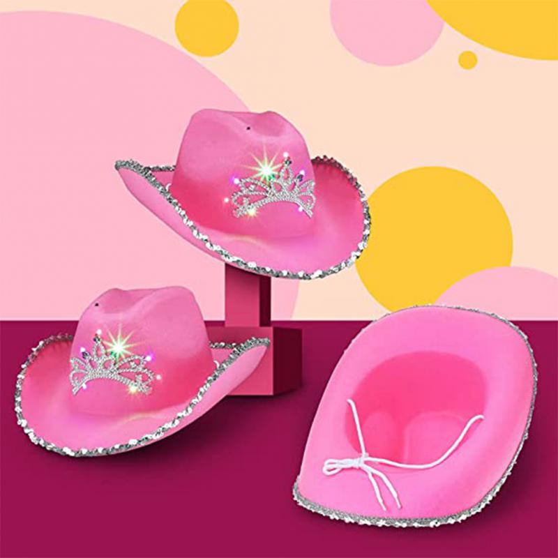 Western Style Tiara Hat for Women Girl Tiara Hat Cowboy Holiday Costume  Party Hat Accessories , pink Big crown sequins brim 