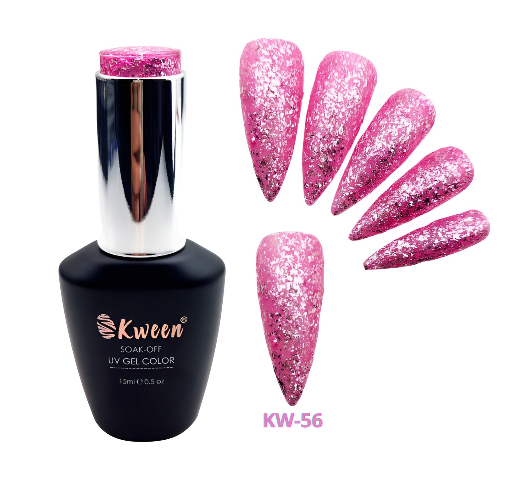 KWEEN Pink Glitter Gel Nail Polish, Silver Chunky Gel Polish Soak Off UV LED Lacquer Gel Color For Manicure