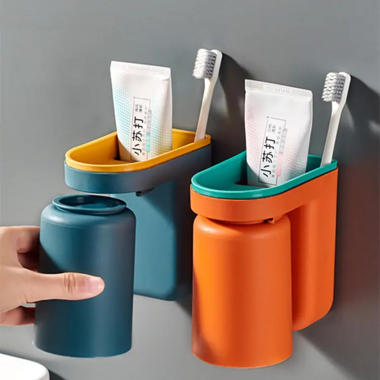 Punch-free Toothbrush Holder Plastic Toothbrush Mouthwash Cup Hanger Couple