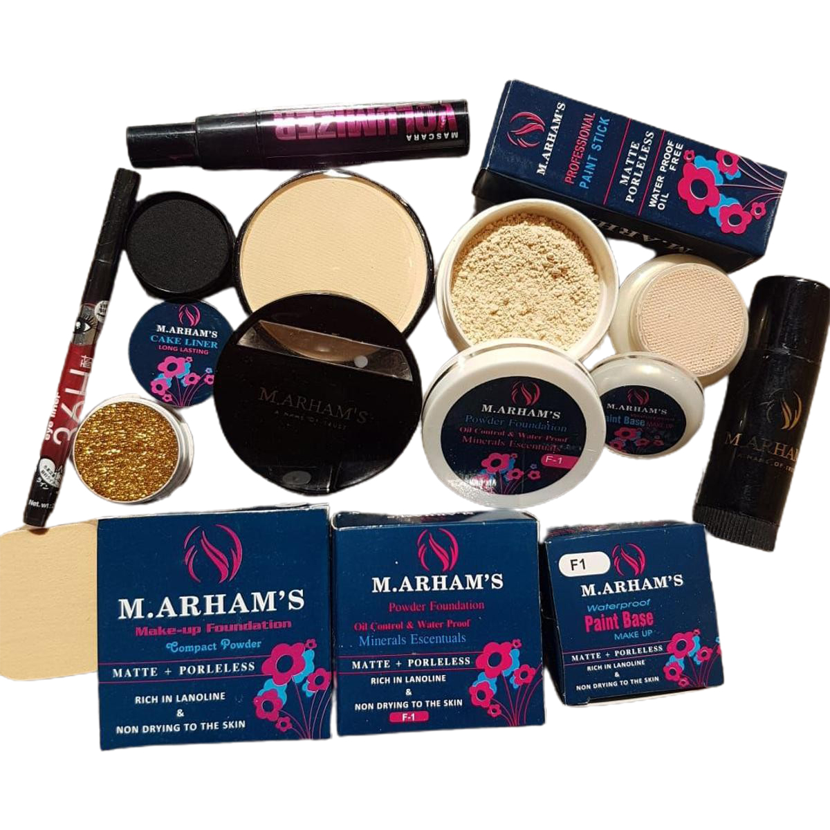 Deal of 8 - Makeup Foundation Stick, Makeup Base, Mascara, Eyeliner, Loss Powder, Pan Cake, Eye Shimmer