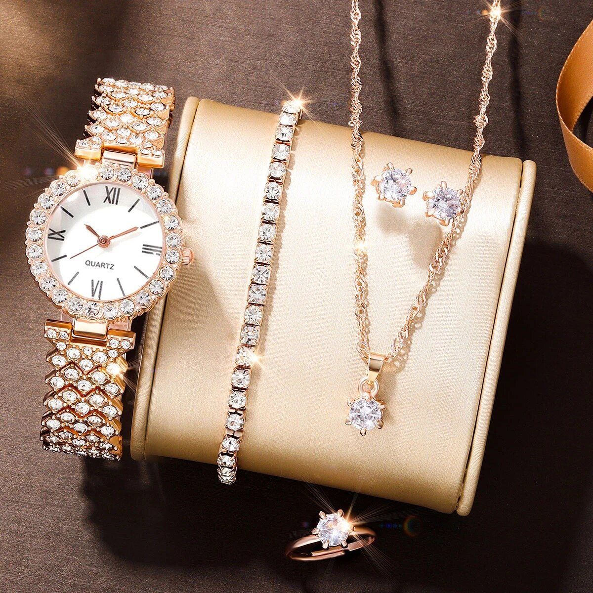 Jewellery For Women Girls Women's Fashion Trend Luxury Rhinestone Roman Quartz Watch Rhinestone Necklace Ring Bracelet Best for Gift