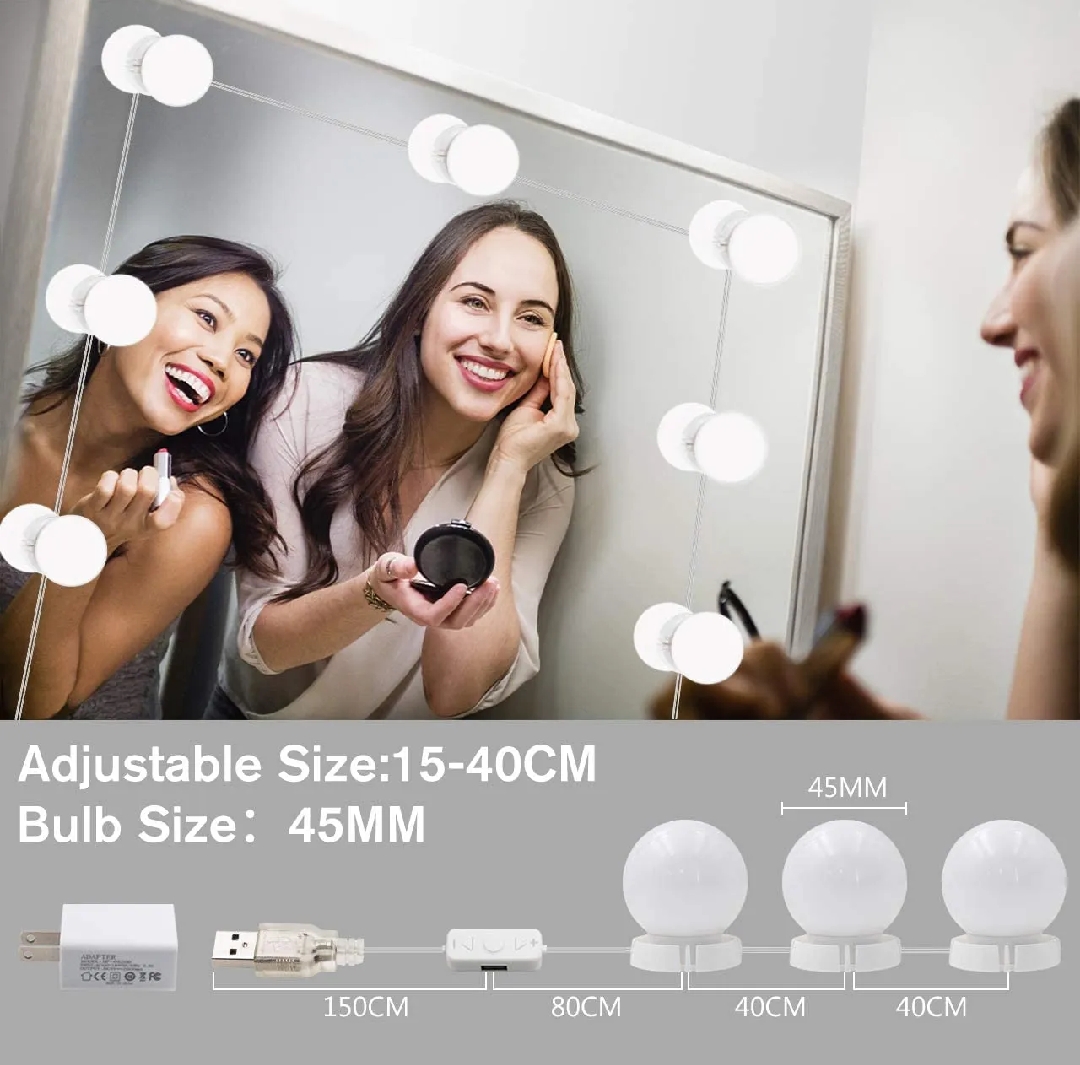 LED Vanity Mirror Light Hollywood Style – 10 Dimmable Bulbs, USB Powered Makeup Mirror Light Kit for Dressing Table & Bathroom