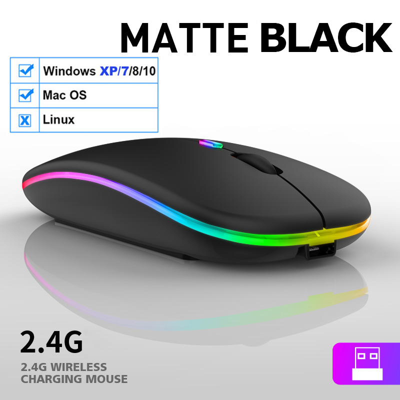 Ultra Slim Dual Mode 5.1 Bluetooth mouse Rechargeable Battery Gaming RGB USB Wireless Optical Mouse With Silent Clicks Black 2.4G Backlit Mice - Plug and Play