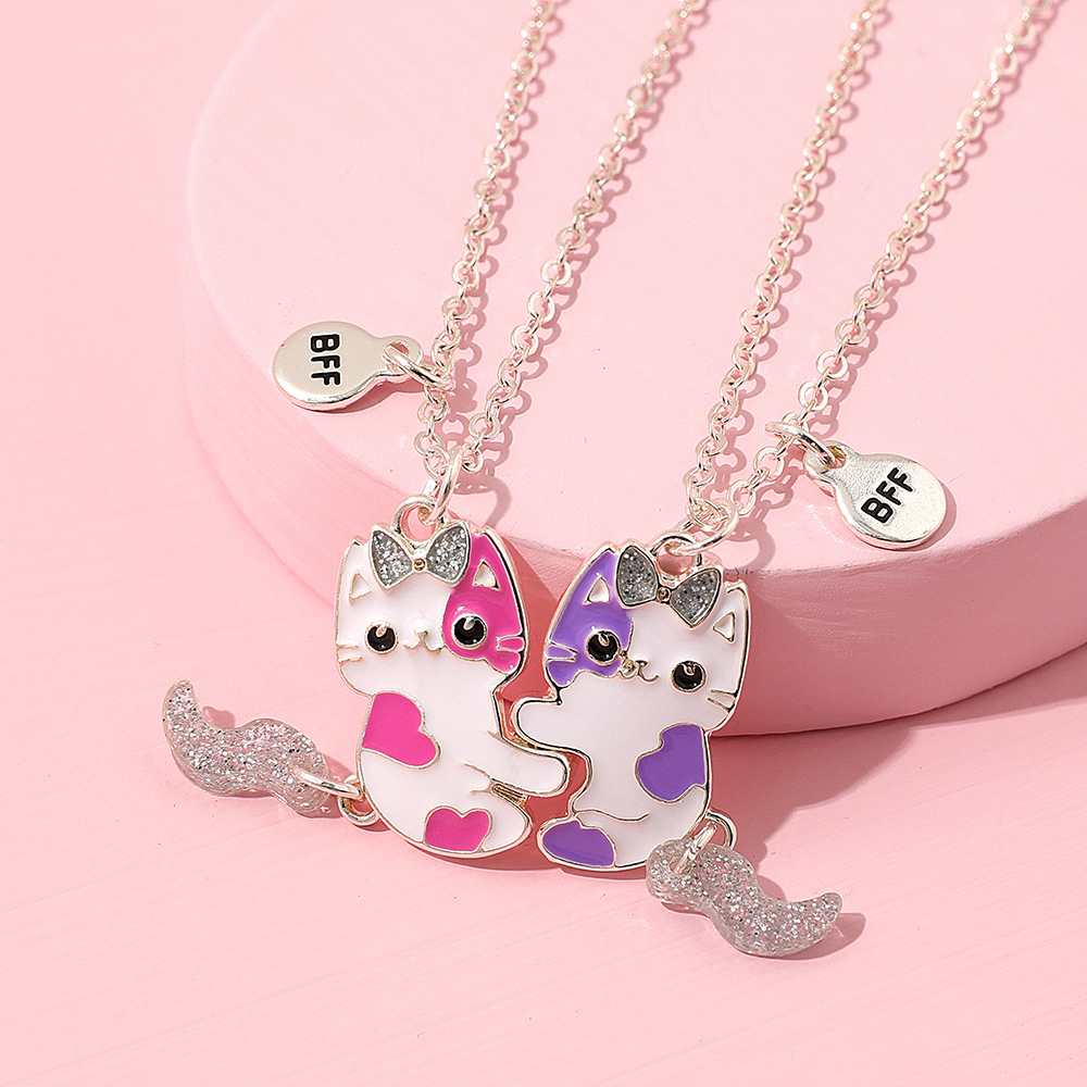 2PCS/Set Cartoon Cat Shape Pendant Couple Necklaces Chain Best Friends  Necklace BFF Friendship Jewelry Gift
