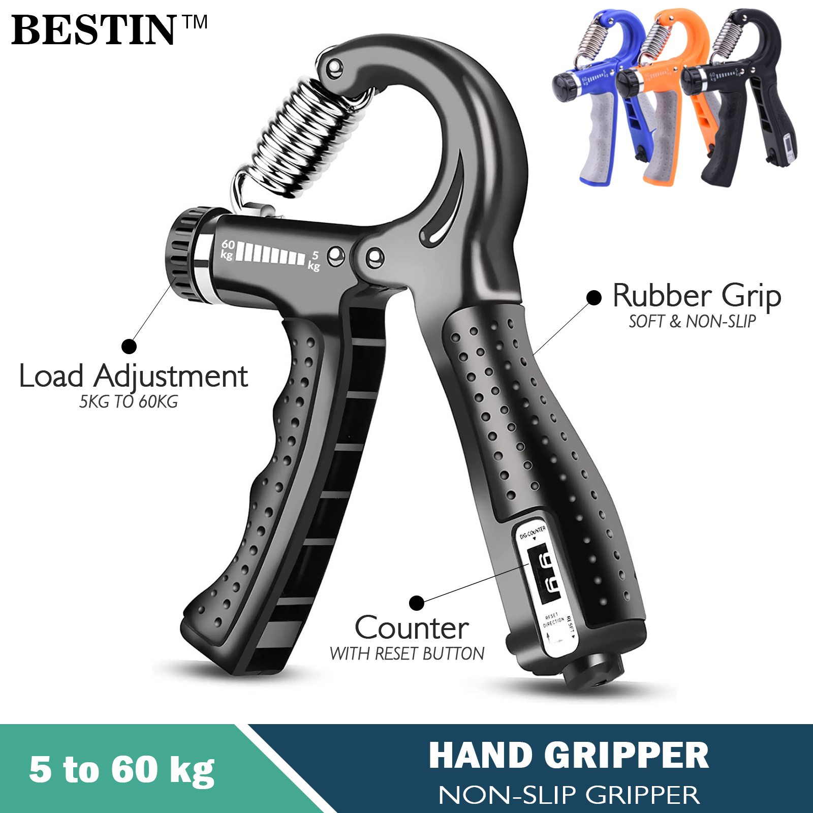 Adjustable Hand Grip Strengthener 5–60 kg – Non-Slip Ergonomic Hand Gripper with Stainless-Steel Spring, Forearm & Wrist Exerciser, Finger Trainer, Portable Home Gym & Rehabilitation Tool for Men & Women, Built-In Counter Options, Durable Grip Handle