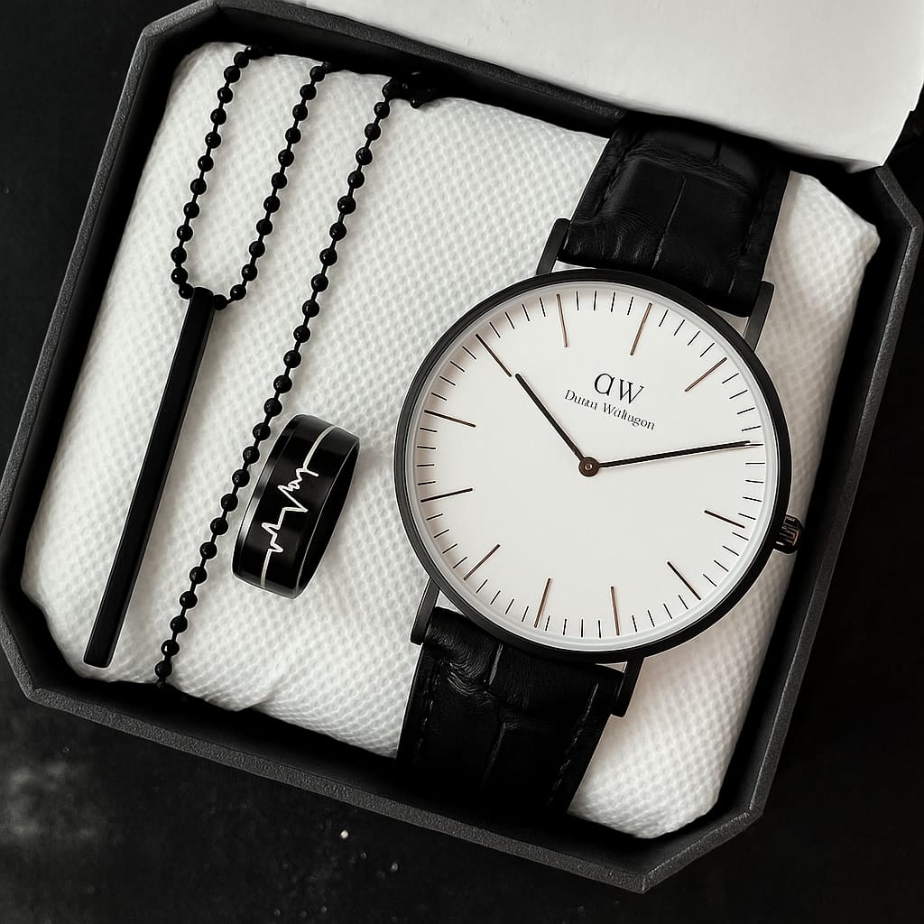 Pack Of 3 Top Fashion Men's Business Watch Deal -Elegant Mens Arabic Aura Watch Casual Watch +Heart Beat Ring+3D Bar Stick Locket-High Quality Business Watch In Random dial Design