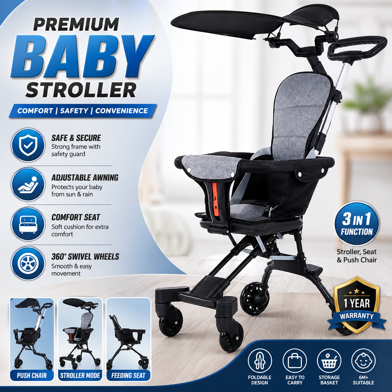 Dazzin - 3 in 1 Baby Stroller for Kids | Foldable Baby Pram with Adjustable Canopy, Comfortable Seat, Storage Basket & Swivel Wheels