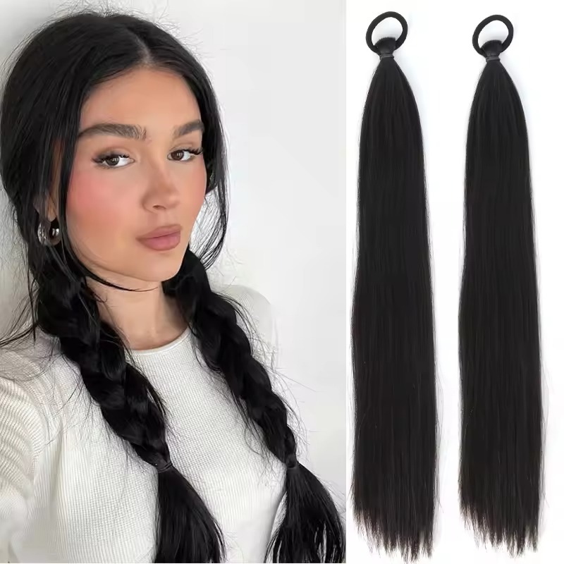 Ponytail Hair Extension for Girls – Hair Pony Extension with Elastic Bands, Straight 28 Inch Long - Natural Hair Color