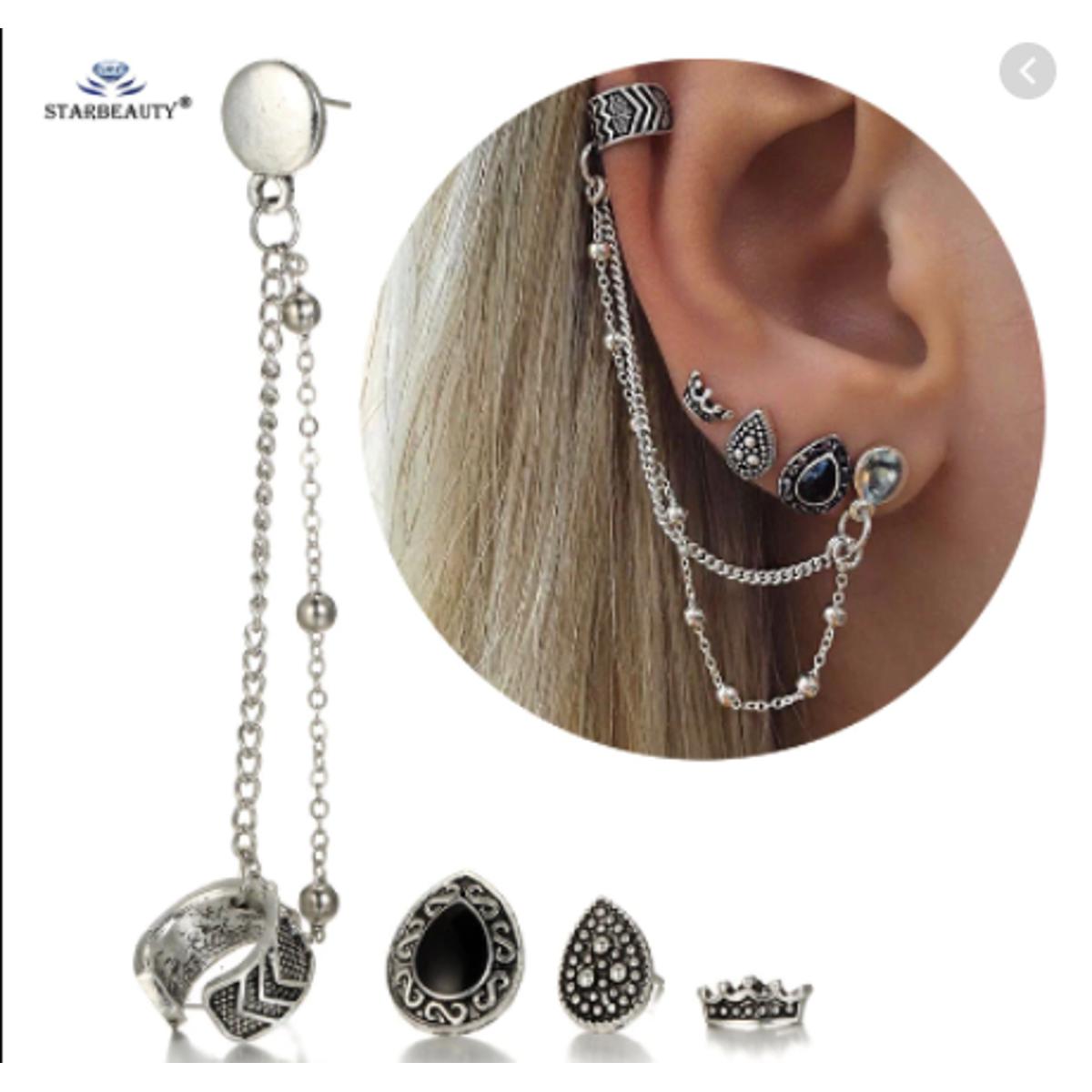 Fashion 4PCS/Set Royal Crown Bijoux Heart Long Chain Tassel Earring Helix Piercing Women Jewelry