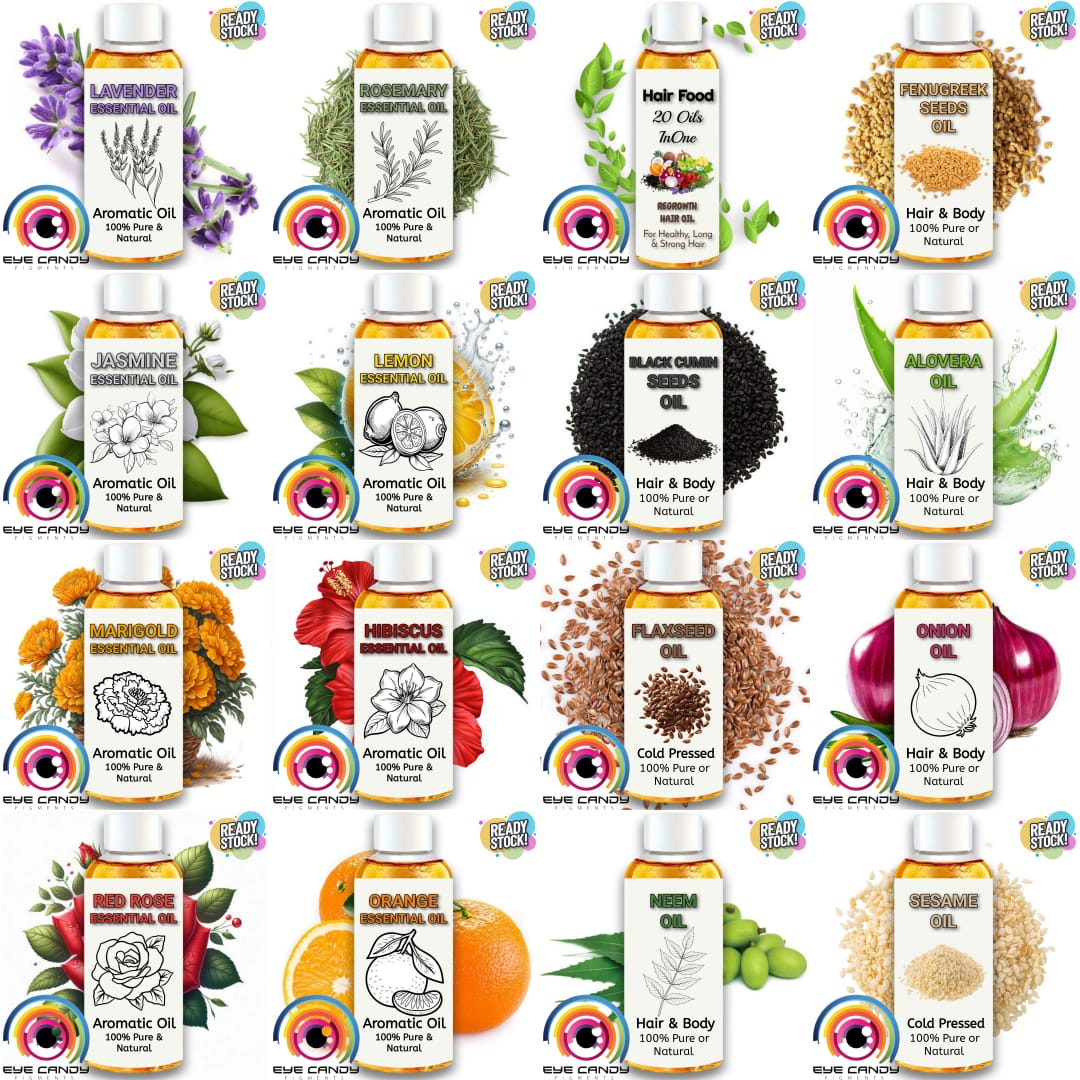 Essential Oils: Rosemary, Lavender, Marigold, Hibiscus, Lemon, Orange, Rose | Carrier Oils: Black Cumin, Fenugreek, Clove, Aloe Vera, Garlic, Onion, Ginger, Neem, Amla, Retha, Shikakai | Cold Pressed: Castor, Flaxseed, Sesame | 20/1 Hair Food | Pure Oils price in Pakistan