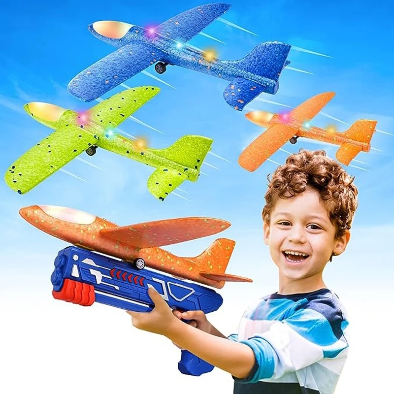 Foam Airplane Launcher Toy Without Box 2-in-1 Hand Throw & Catapult Plane Gun | LED Light Up Glider Aircraft Shooting Toy for Kids Outdoor Flying Game Gift