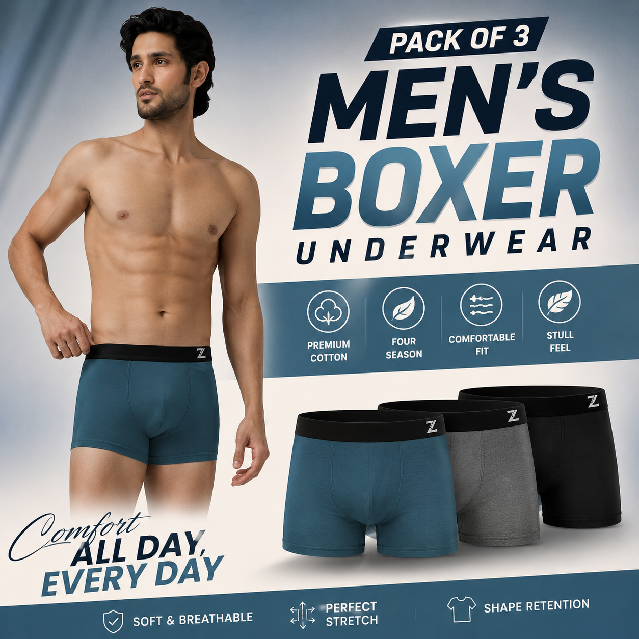 Pack of 3 Men's Boxer Underwear Premium Cotton Soft Stretchable Comfortable Breathable Boxers for Men & Boys
