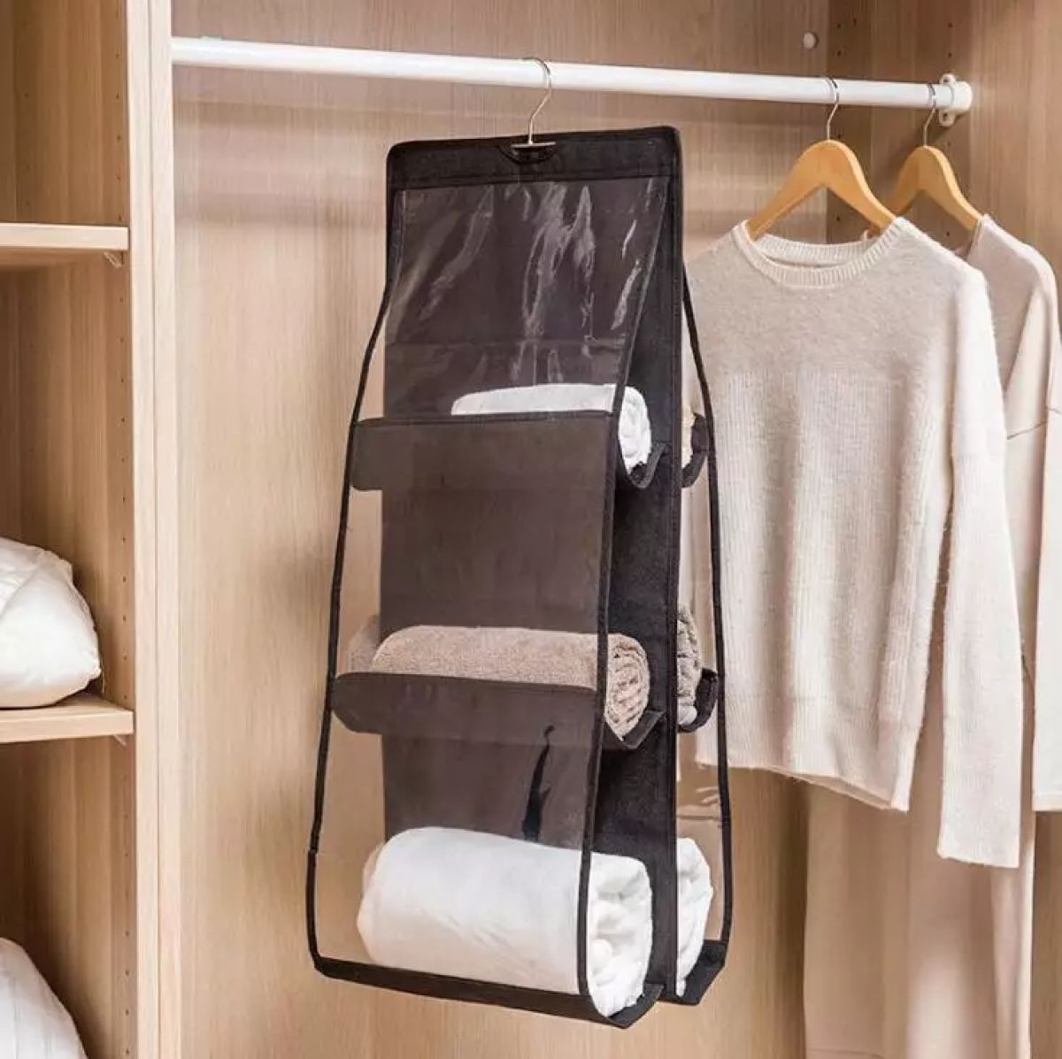 2 Pcs 6 Pockets Hanging Purse Handbag Organizer Clear Hanging Shelf Bag  Collection Storage Holder Purse Bag Wardrobe Closet 