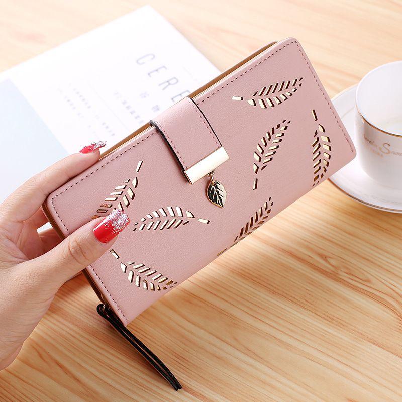 Women’s Zip & Button Closure Long Wallet with Decorative Leaf Pendant