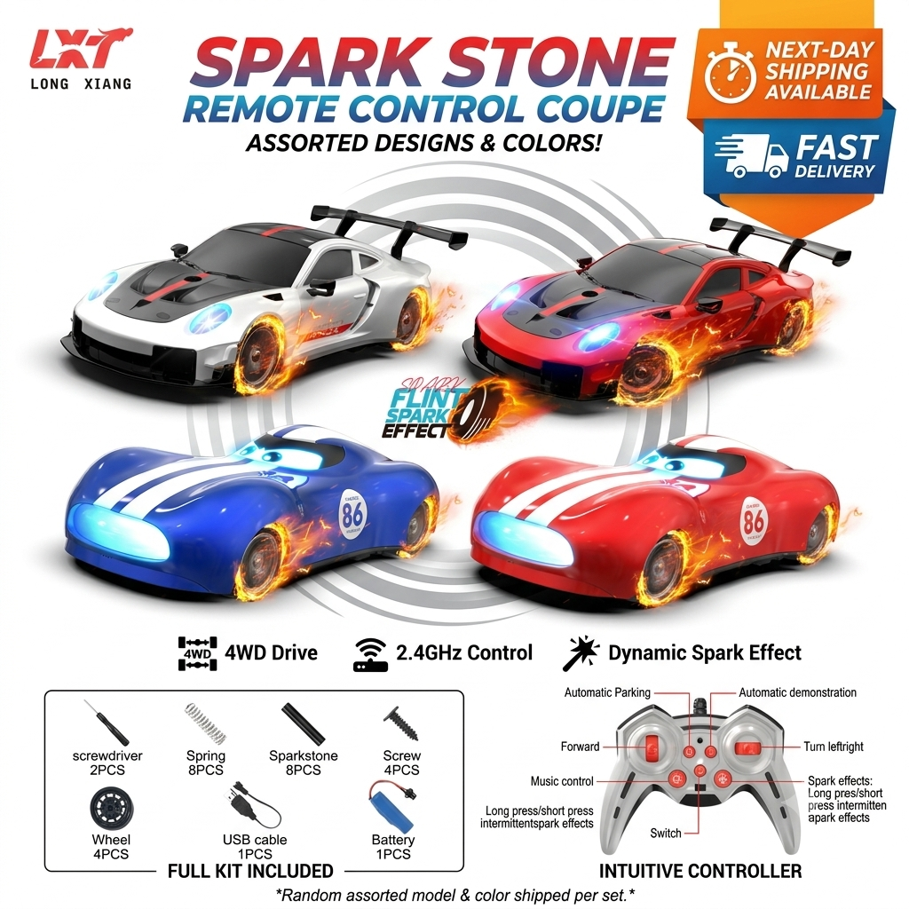 KIDDO KASTLE - Remote Control Speed Racing 1:18 RC Flintstone Wheel Drift Racing Car | 2.4GHz 4WD 20KM/H High-Speed Remote Control Car with Spark Effect, Automatic Parking Demo & LED Lights | Competition RC Car for Kids Age 5+ | Assorted Models