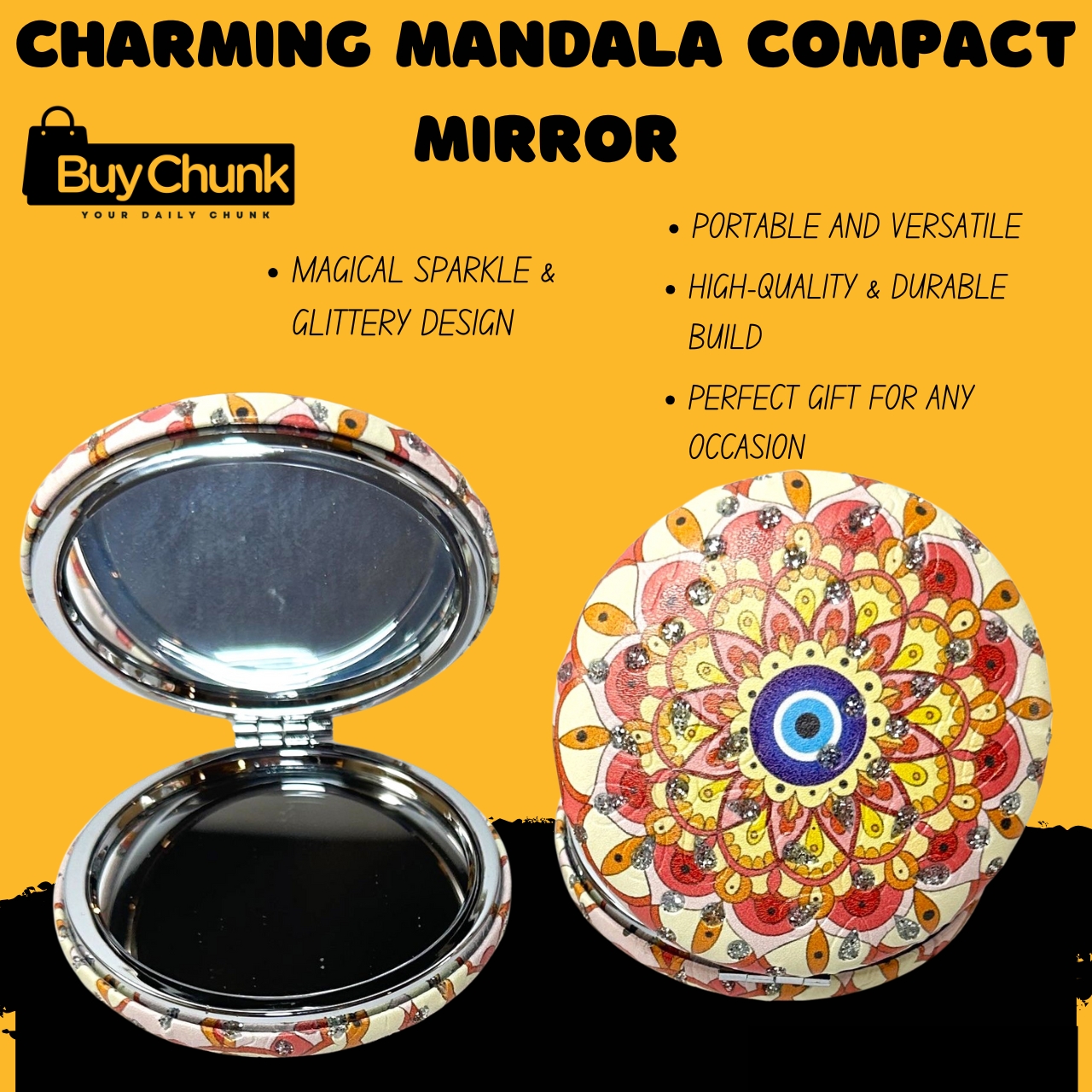 Mandala Compact Mirror with Glitter Design | Stylish Mandala Design for Everyday Use | Dual-Sided Compact Makeup Mirror for Women | Perfect Gift Idea