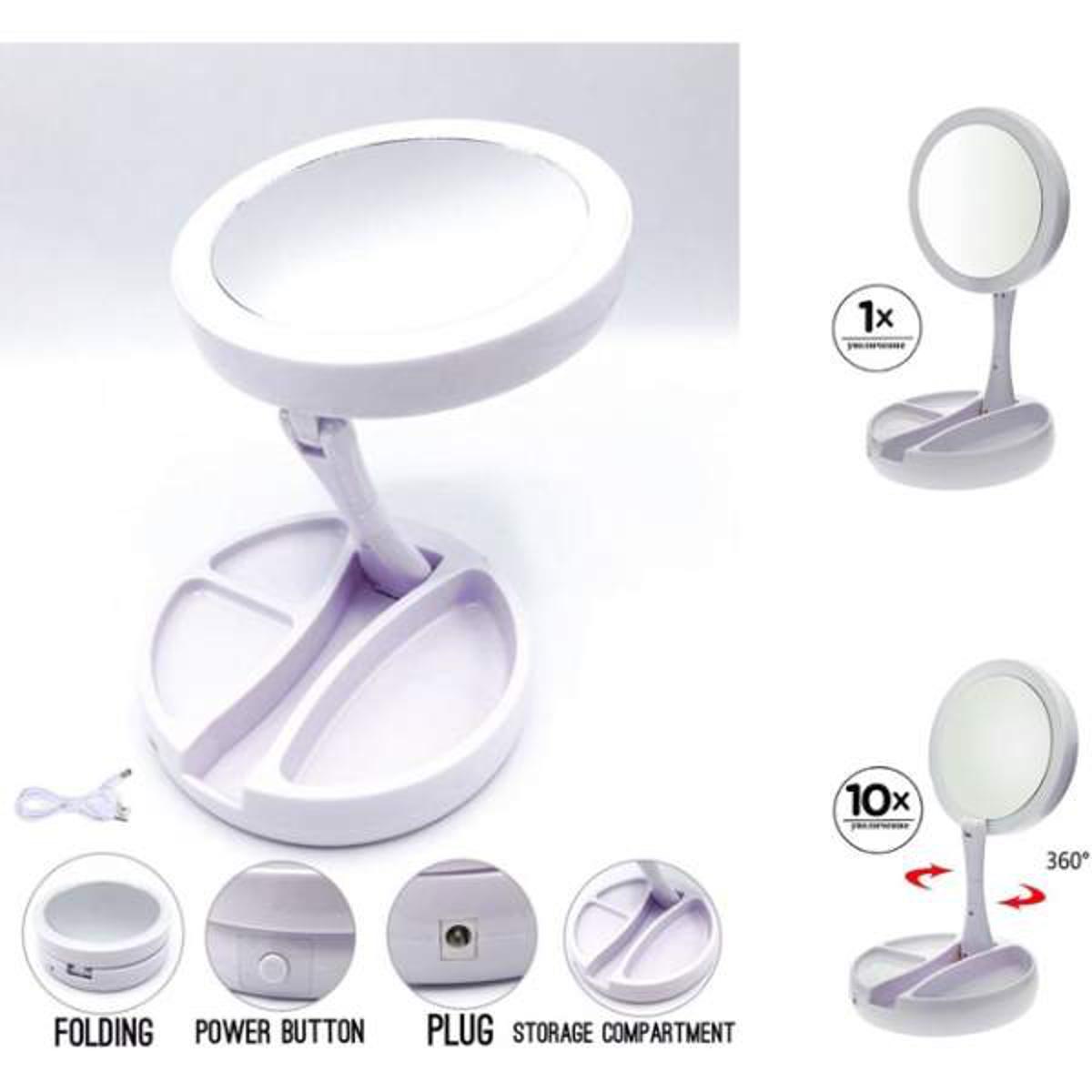 My Foldaway Mirror The Lighted, Double Sided Vanity Mirror 10x Magnification Portable Double-Sided Lighted Beauty Mirror• Double-sided mirror Extends to 13” high can be used with 4 x AA or adapter