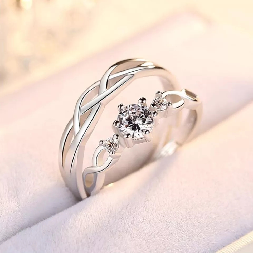 1 Set Sell Adjustable Lovers Zircon Engagement Rings For women Feshion Silver Color  Wedding Rings