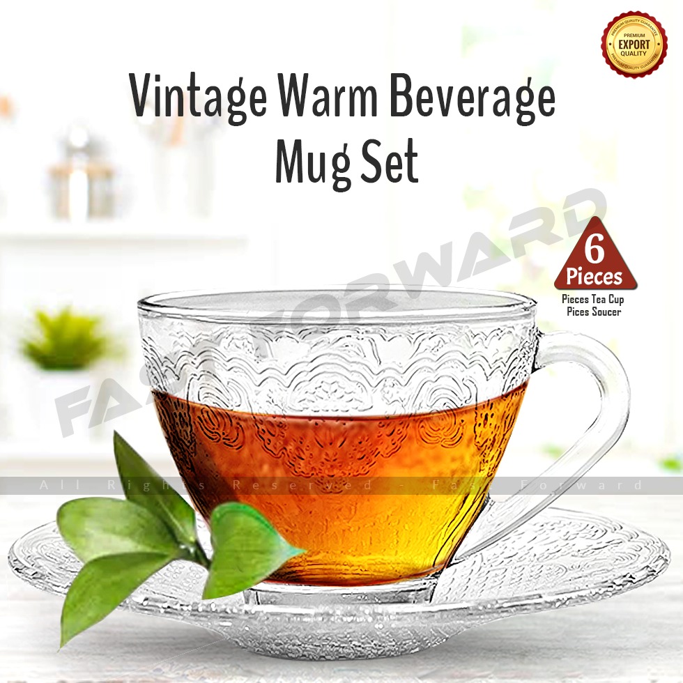 Tea Cup Set And Saucer Vintage Warm Beverage Mug Embossed Glass