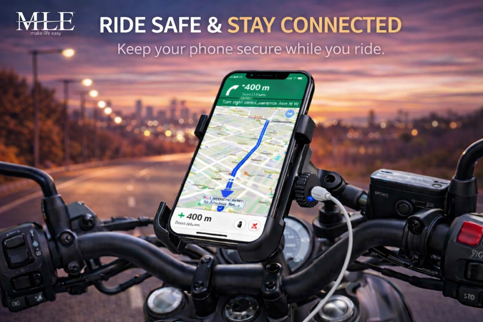 Metal Bike Mobile Holder with USB Charger | Heavy Duty Motorcycle Phone Holder | Universal Handle Bar Mount All Phones Mobile Holder Adjustable Mobile Holder Riding Mobile Holder Long Ride Mobile Holder