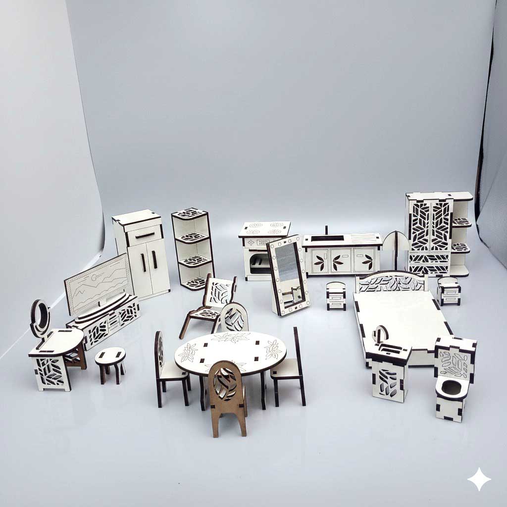 Complete Furniture Set, Miniature Furniture for Dollhouse, Laser cut Design, Doll house furniture, Set of 24 Pieces, Bedroom, Kitchen, Bathroom, living room