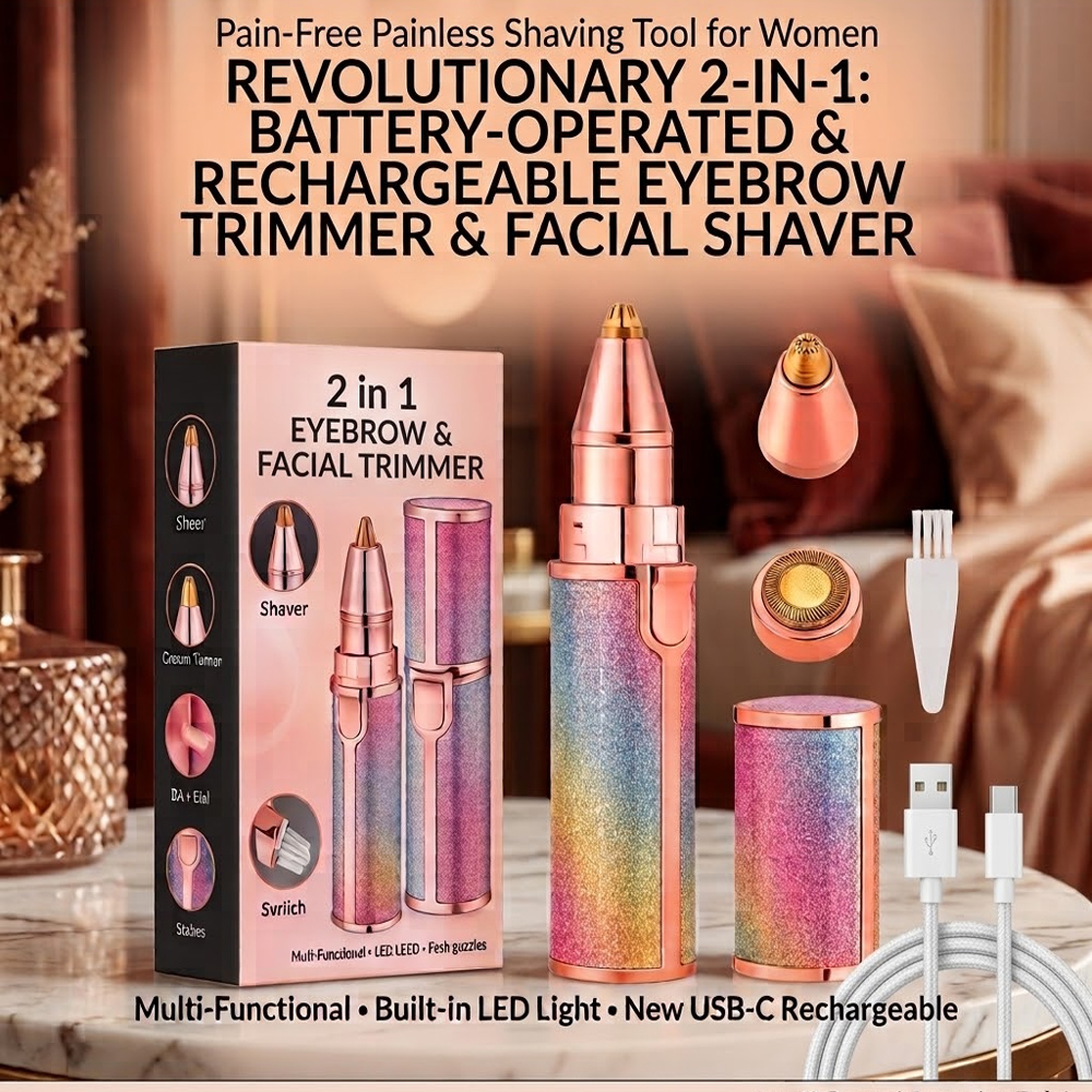 Premium 2-in-1 Electric Eyebrow Trimmer and Body Hair Remover Machine, Pain-Free Painless Shaving Tool for Women, Suitable for All Skin Types, Travel-Friendly