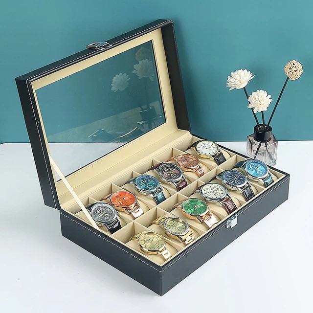 Watch Storage Box for Men PU Leather Watch Organizer Display Storage Style Black 6/10/12 Slots
