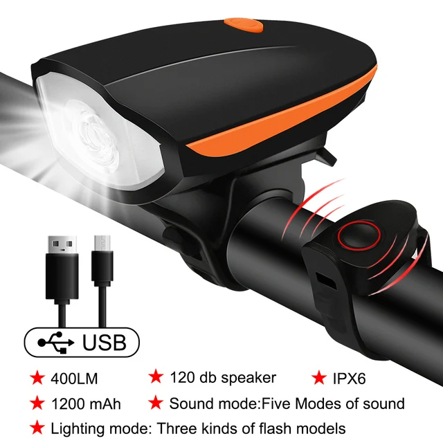 Bicycle Front Light Wholesale Electric Horn Waterproof Headlight USB Rechargeable Cycling Flashlight Loudly Bells