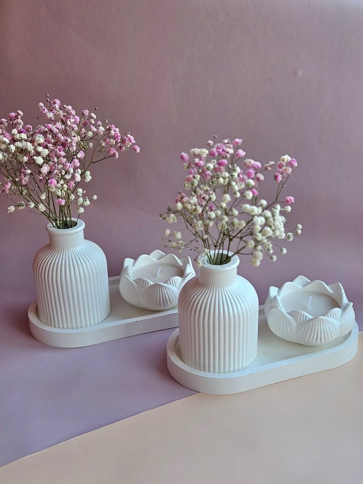 Set of 3 Mini Flower Vase Oval Tray & Peony Rose Candle Is Best for Home Decor, Modern Minimalist Home Decorative Set