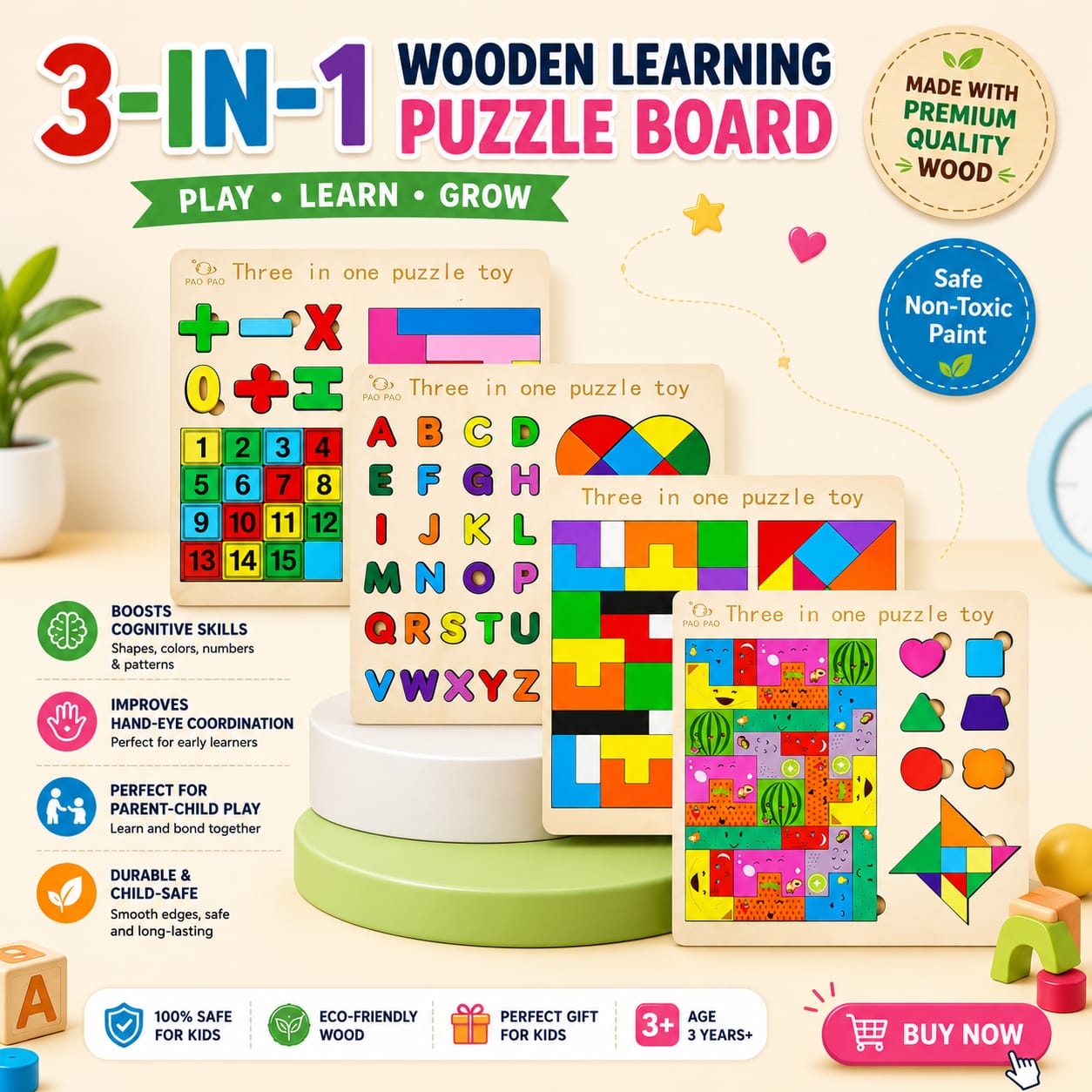 3-in-1 Wooden Puzzle Game Set for Kids | Jigsaw, Pattern Matching & Tangram Educational Toy | Math Learning Puzzle for Ages 3+