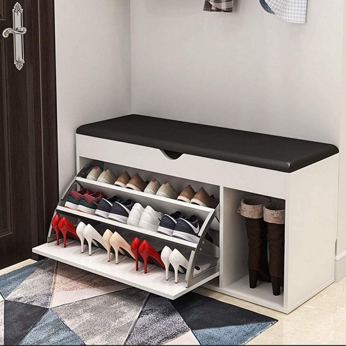 Shoe cupboard store with seat