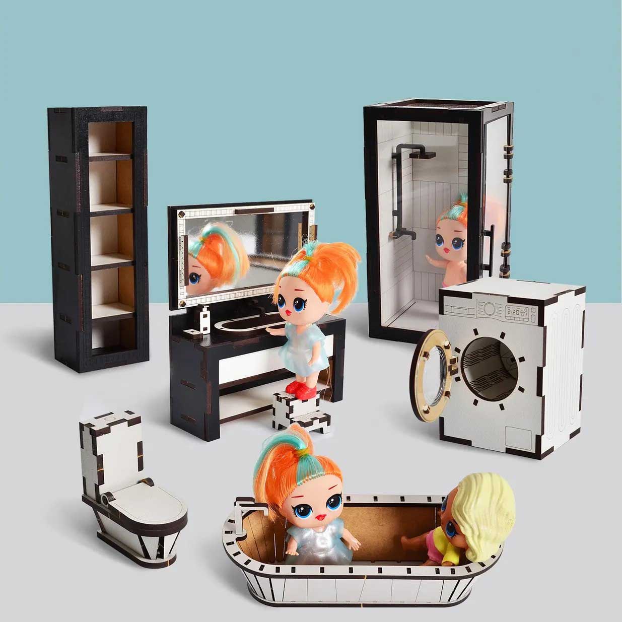 Wooden miniature Doll House Furniture for Bathroom, Set of 7 items, Miniature Furniture for Dollhouse, Best gift for children