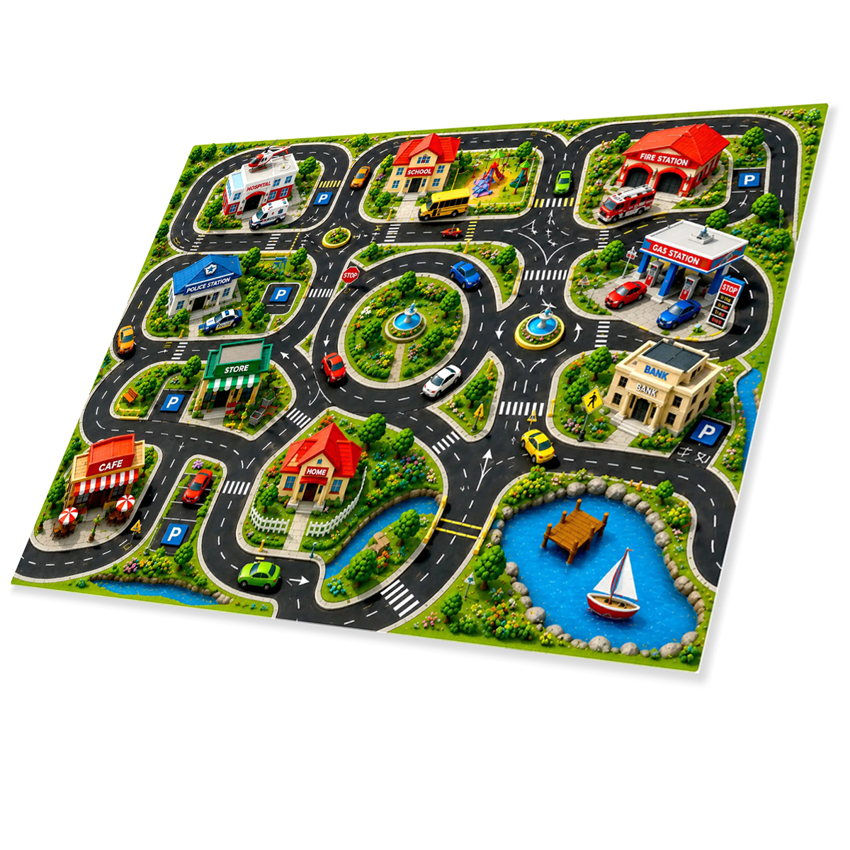 3D Model City Road Map Theme Kids Play Vehicle Mat - ( Size 36 x 24 inch ) - Educational Waterproof Panaflex Sheet - Children Playing Activity Learning Teaching Route Playmat Cartoon Town With Metal Cars Toy Babies Boys Girls Fun Car Toys