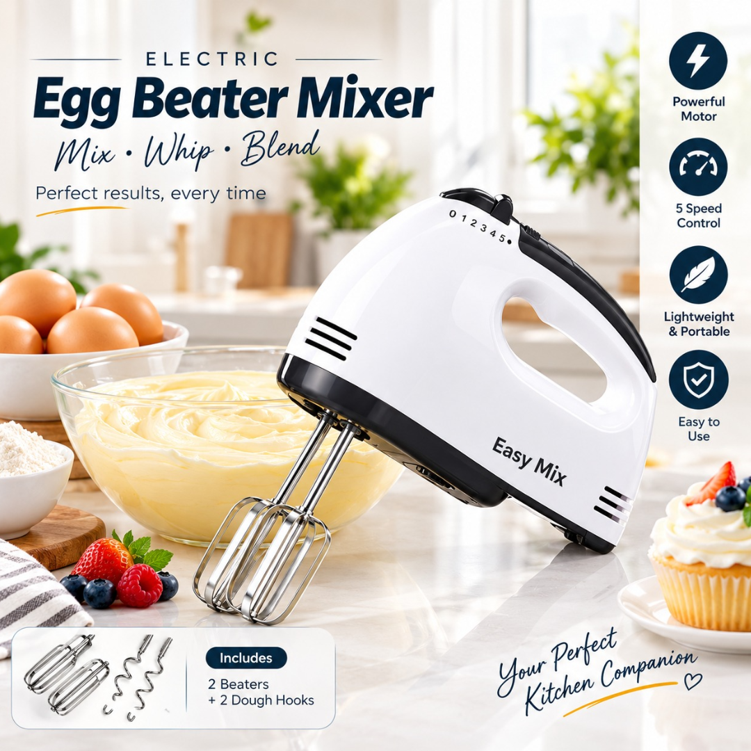 Electric Hand Mixer & Egg Beater | Handheld Cake Baking Mixer with Stainless Steel Beaters for Whisking & Mixing | Electric Whisk & Cream Mixer