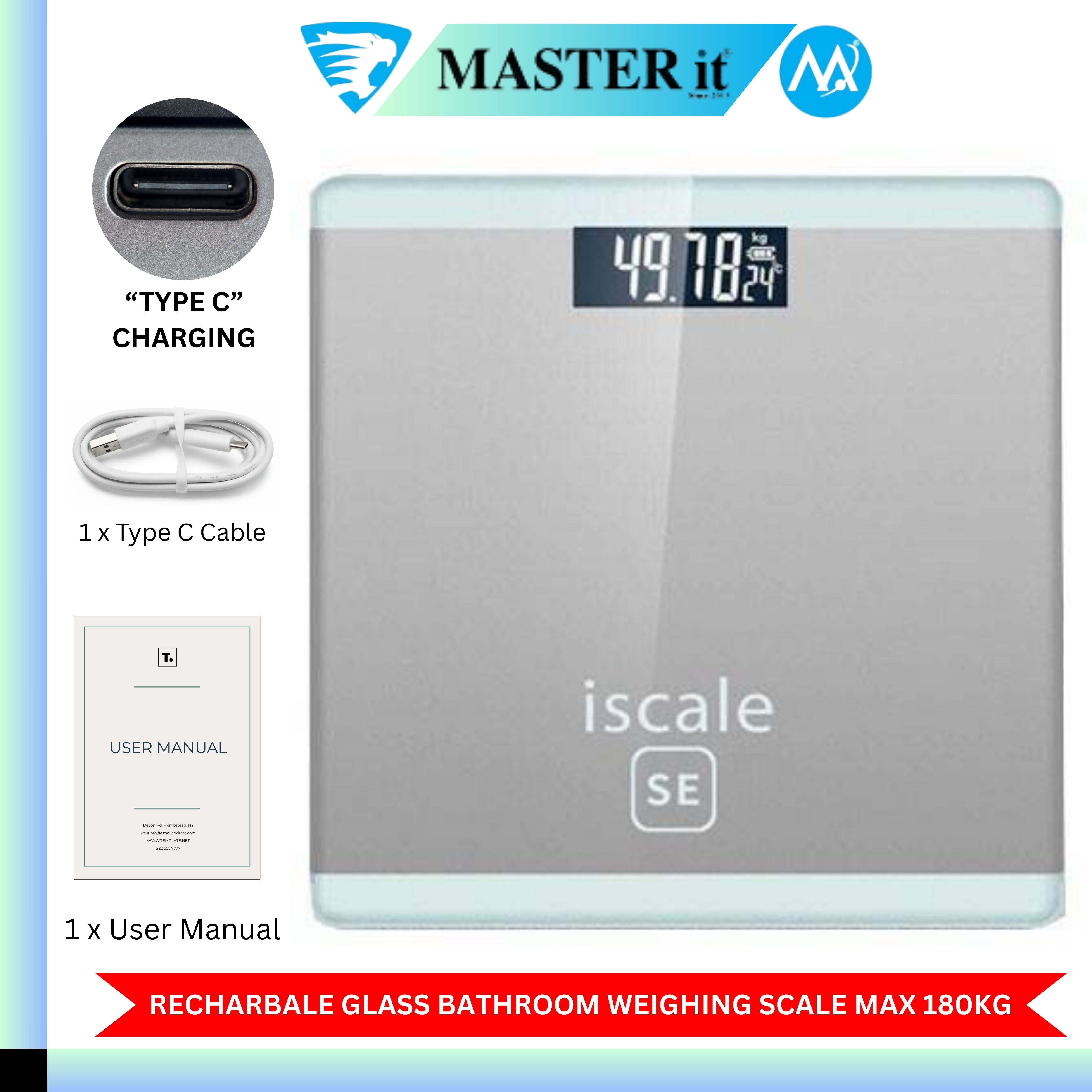 Upto 180kg iScale Type C Charging Rechargeable Weight Machine - Digital Heavy Duty Electronic Weighing Scale with Type C Charging Dual LED Display - Weight Machine With Durable Steel Quality - For Home & Personal Use - Black/Golden/Pink/Silver