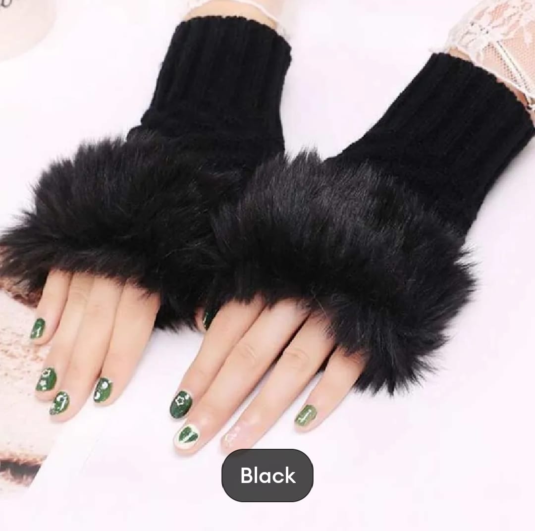 Fashion Women Faux Rabbit Fur Knitted Fingerless Gloves | Hand Wrist Warmer Half Finger Mittens for Winter"