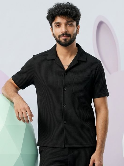 Soliches - Black Waffle Knitted Shirt for Men