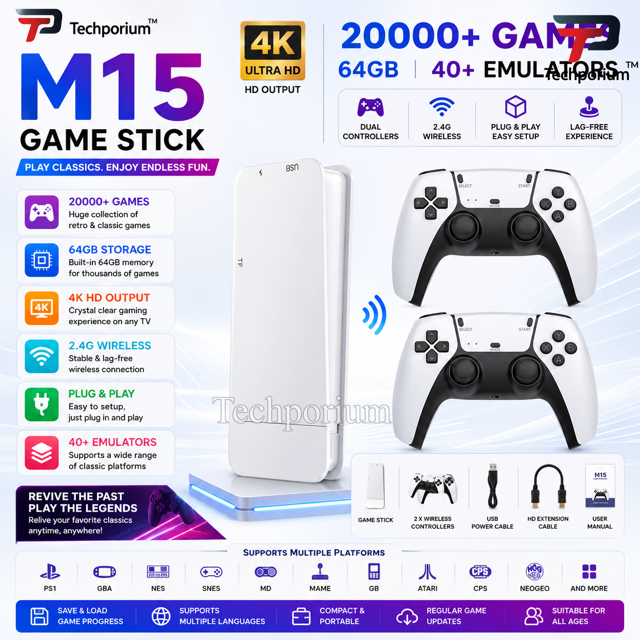 M15 64GB Retro Video Game Stick with 20000+ Built-in Classic Games 4K HD HDMI Output Plug Play Game Console Dual 2.4G Wireless Controllers Arcade Emulator for TV Gaming Fun for Kids Adults Compact Portable Design Video Game Console Entertainment