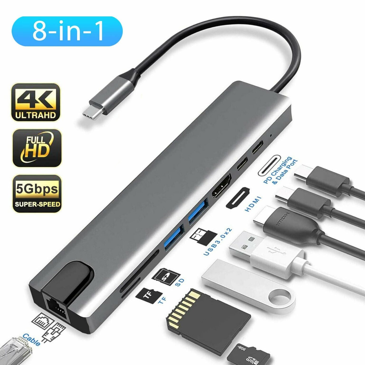 RMG 8 in 1 Multiport Type C to USB C 4K HDMI Adapter USB 3.0
