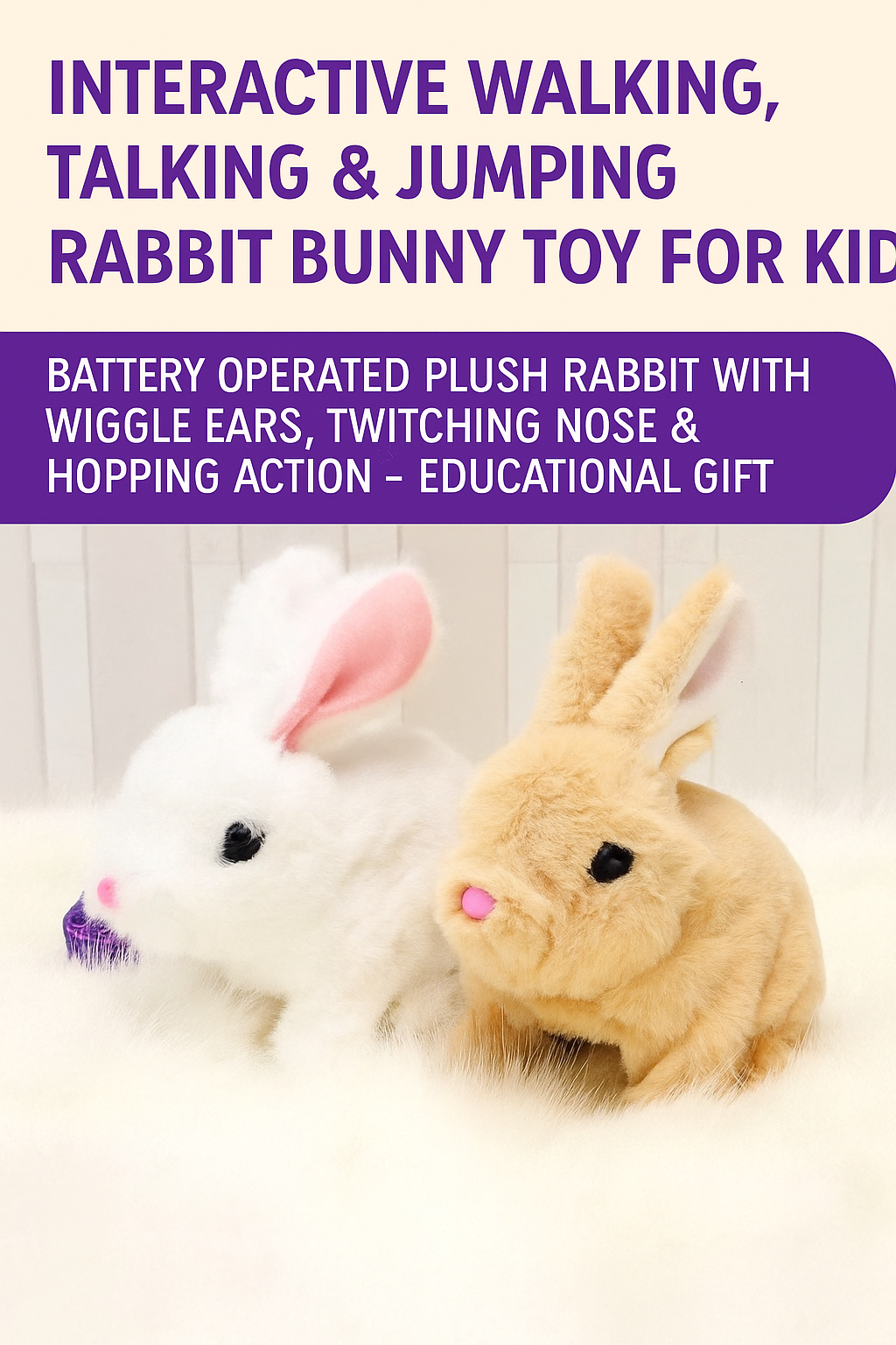 Interactive Walking Talking and Jumping Rabbit Bunny Toy for Kids Battery Operated Plush Rabbit with Wiggle Ears Twitching Nose and Hopping Action Educational Gift for Boys and Girls Soft Cuddly Plush