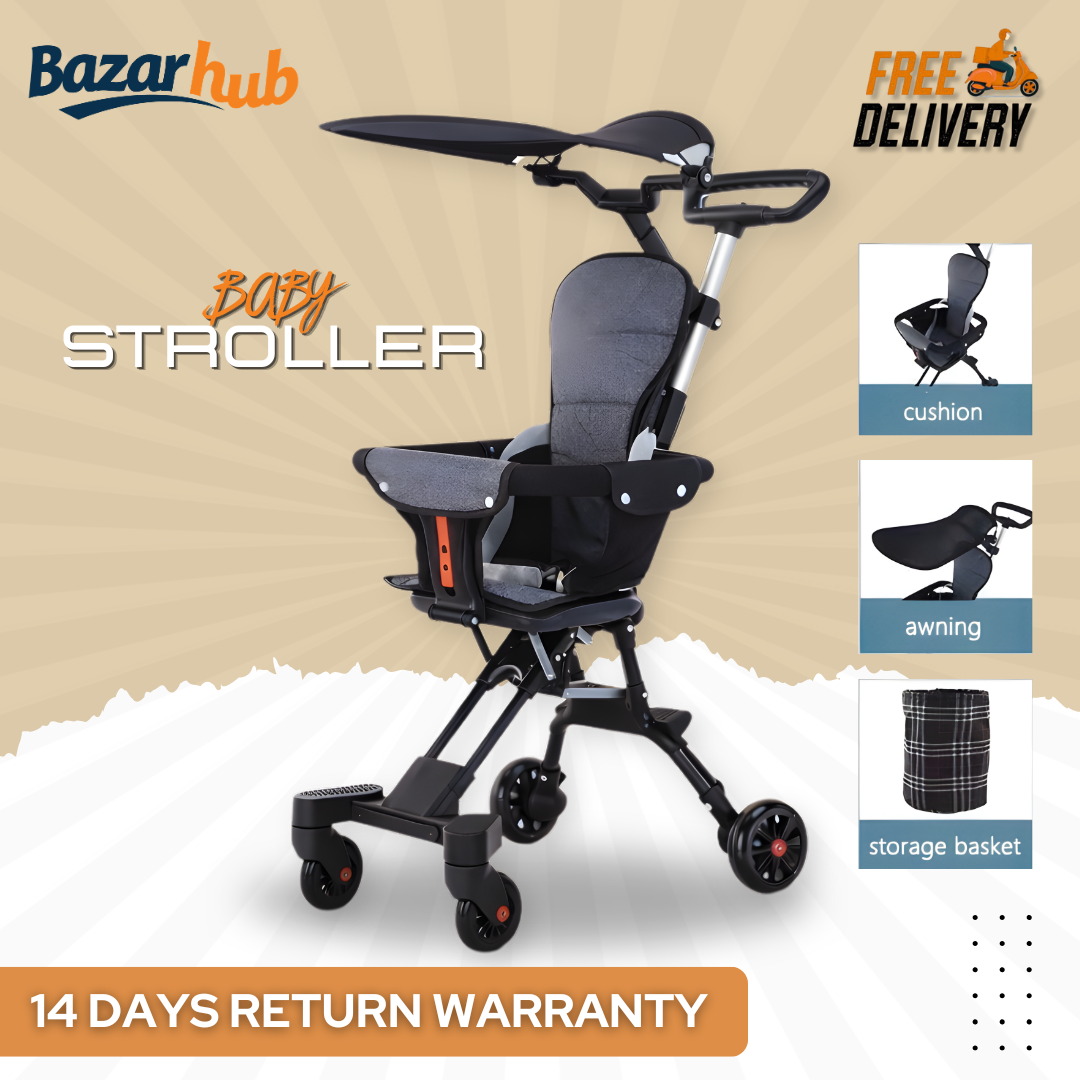BazaarHub Baby Stroller with Sun Canopy & Storage Basket - Foldable Lightweight Pram For Baby with Cushion Seat - Smooth Wheels & Adjustable Handle for Newborns & Toddlers