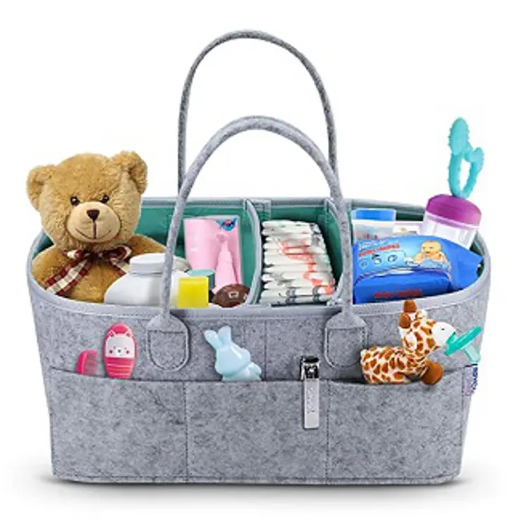 Baby Diaper Caddy Organizer, Foldable Felt Storage Bag with Multi Pockets  and Flexible Compartments, Portable Car Travel Organizer for Changing Nappy,  Wipes, Newborn Shower Gift