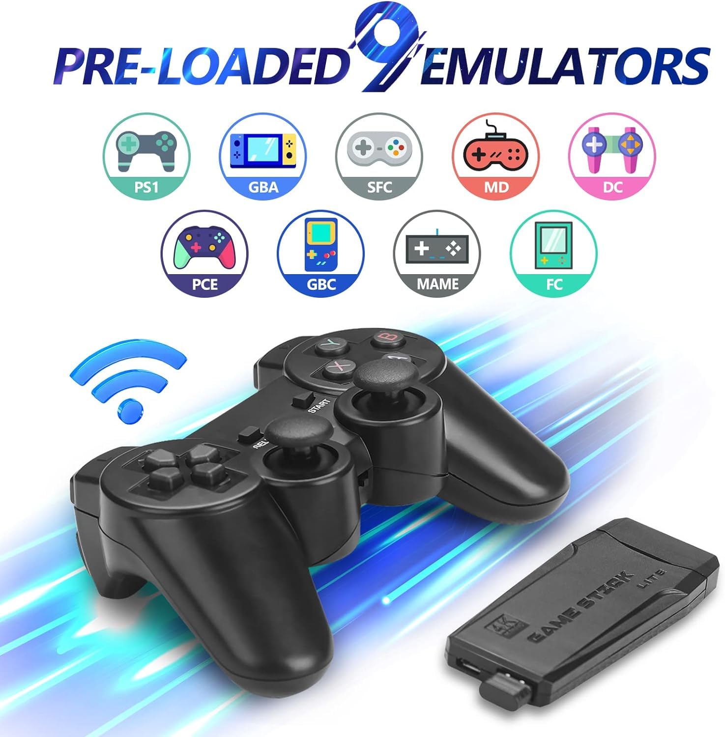 2.4G Wireless Controller Game Stick With 64gb Tf Card Plug and Play Video Game Stick Built in 10000+ Games, 4K High Definition HDMI Output with Two Game Controllers