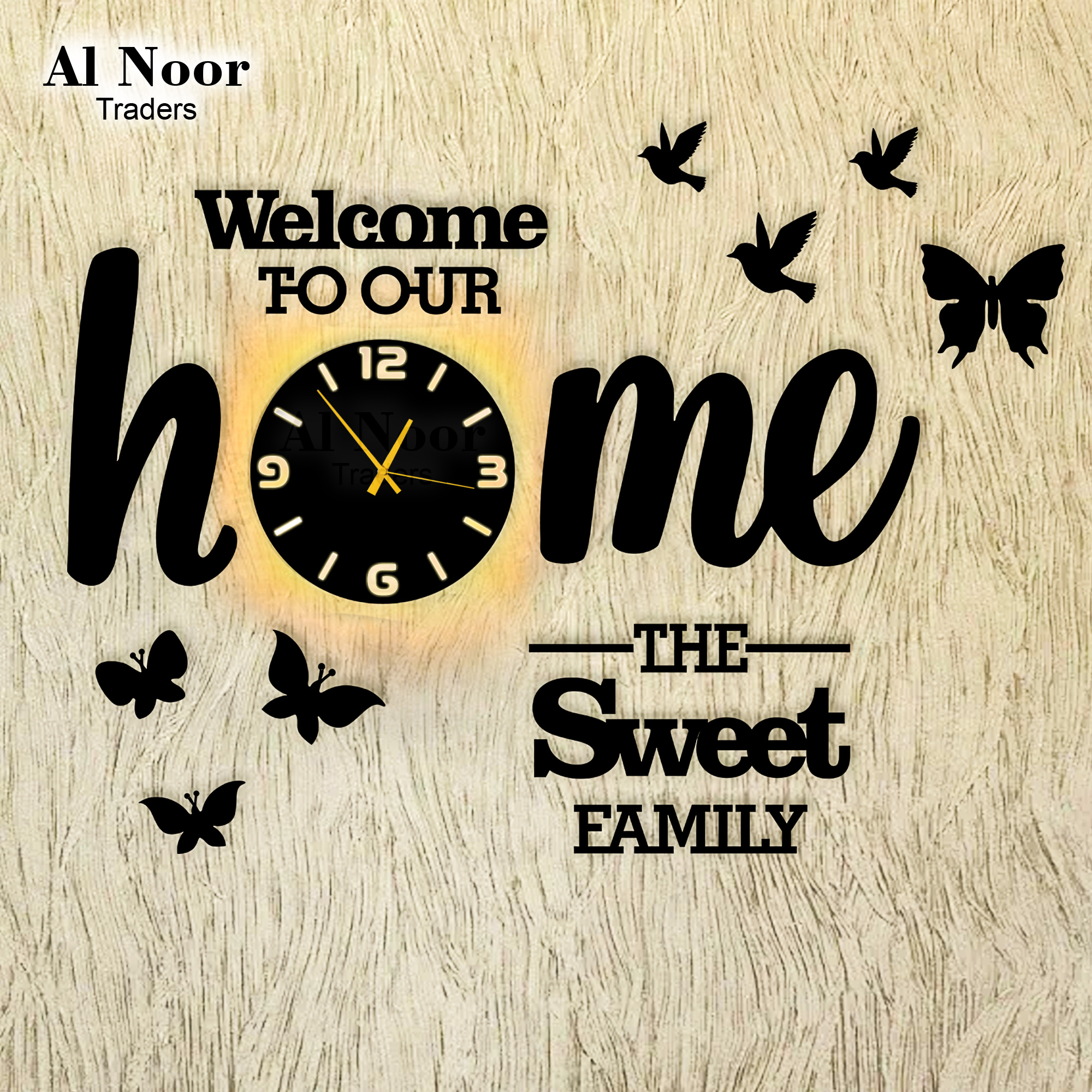 Al Noor Traders Brand Welcome To Our Home The Sweet Family Clock with butterfly and birds wooden Working Wall clock    I Wooden Clock I Clocks I Clock I Home 3D Wooden Wall Clock I Wooden Wall Clock I Wall Clocks I wall clock big I wall clock butterfly
