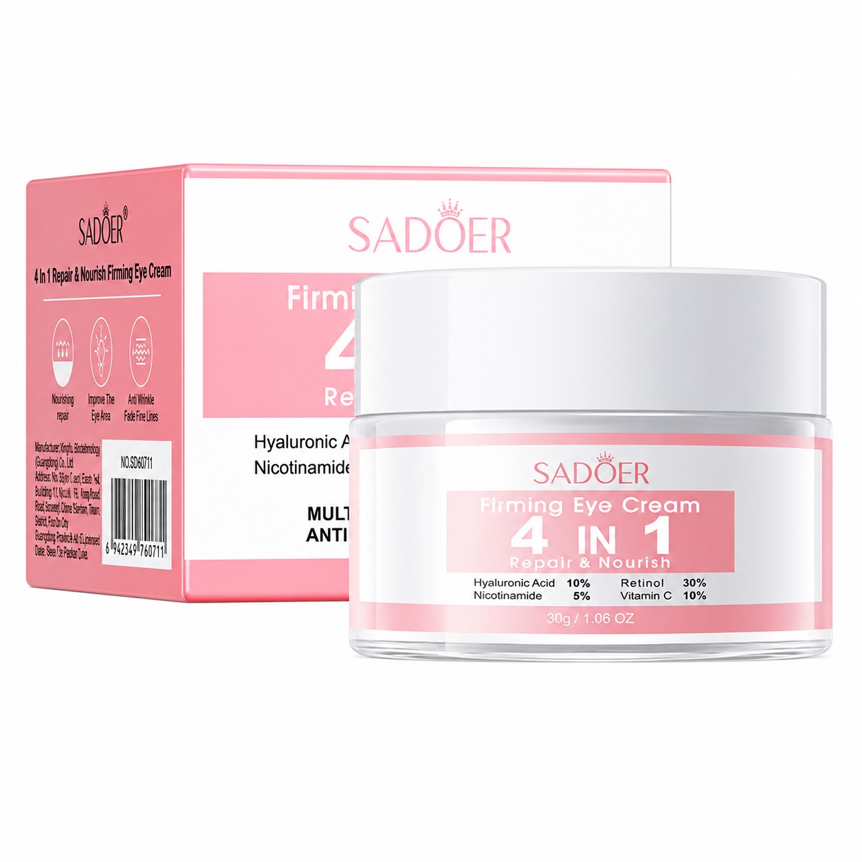 SADOER 4-in-1 Eye Cream with Hyaluronic Acid, Retinol, Vitamin C & Nicotinamide for Dark Circle & Fine Line Treatment, Moisturizing & Brightening, Eye Cream 30g SD40671