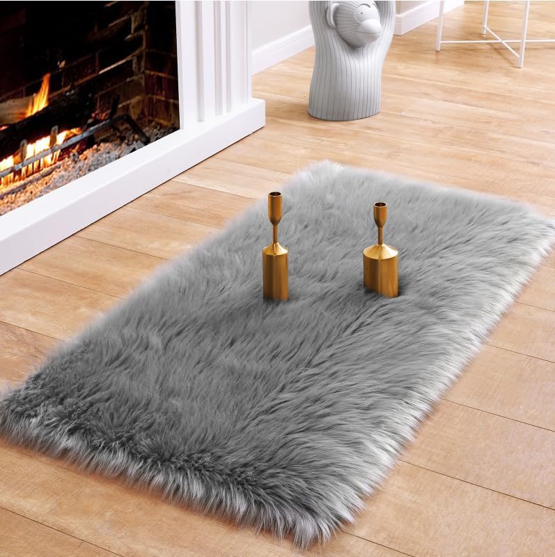 Soft Fluffy Faux Fur Rugs for Bedroom Bedside Rug, Washable, Furry Sheepskin Area Rug for Living Room Girls Room, Luxury Shag Carpet Home Decor, Pink 16X24 Inch